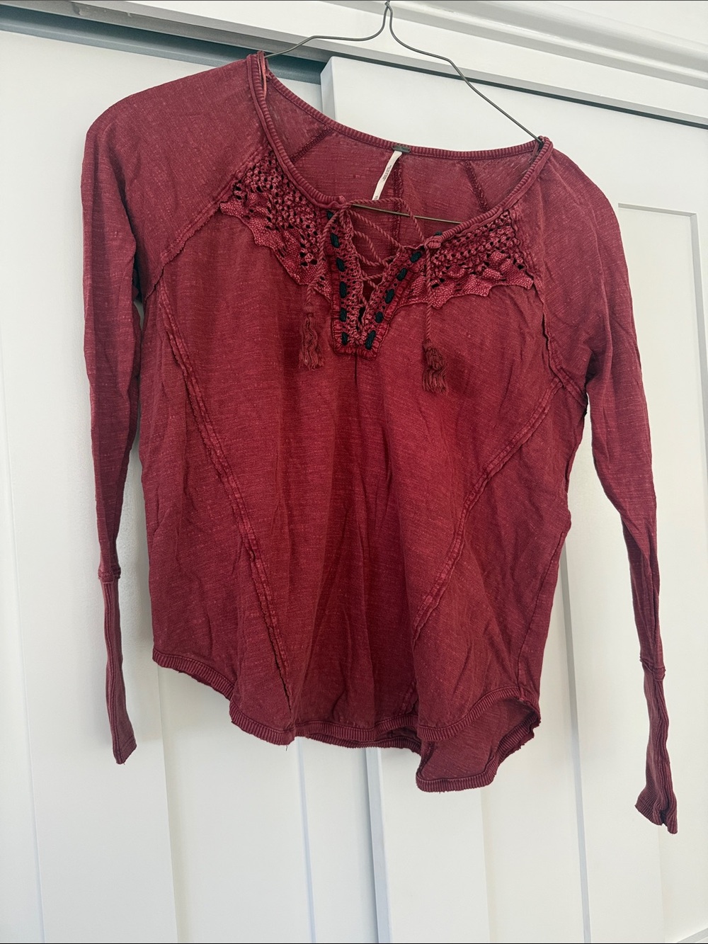 Free People Burgundy Lace-Up Long Sleeve Tee